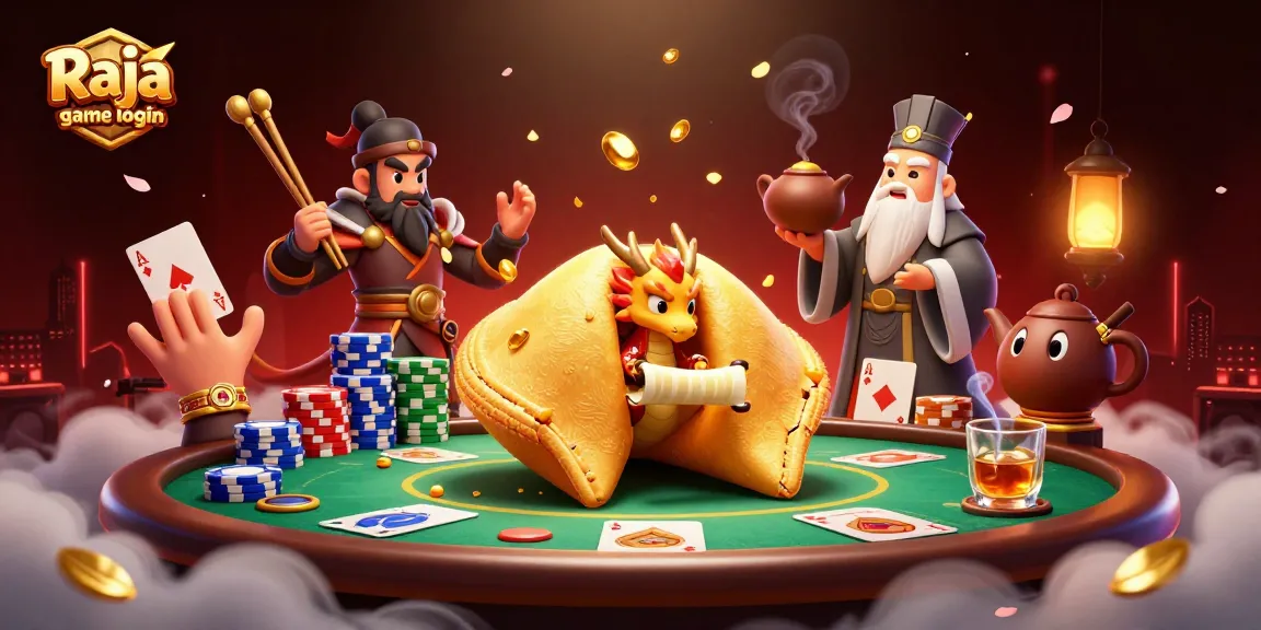 Engage in thrilling gameplay with Raja game login, featuring 3D characters and vibrant poker elements.