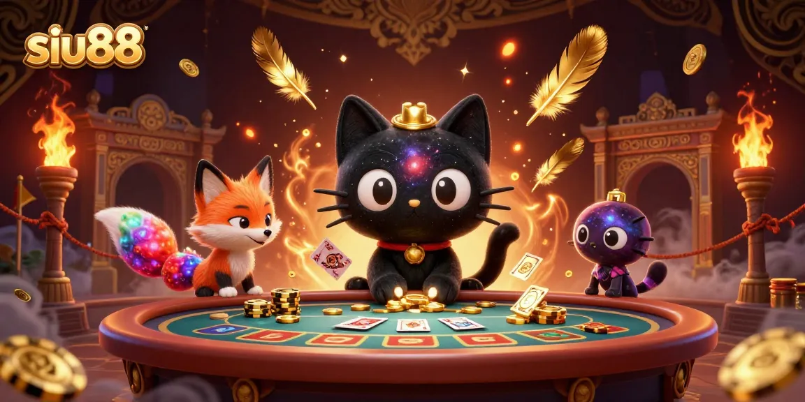 Experience siu88's vibrant cosmic casino with a black hole cat drawing in golden chips.