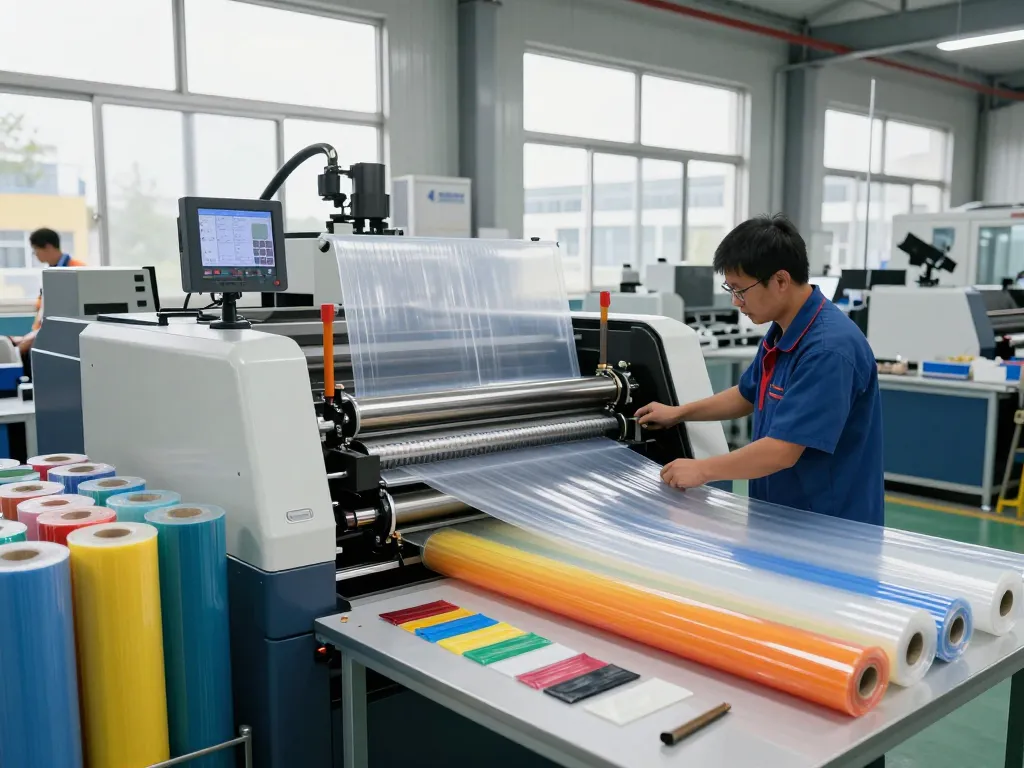 Bóc ép plastic in a modern manufacturing facility with technician operating an extrusion machine.
