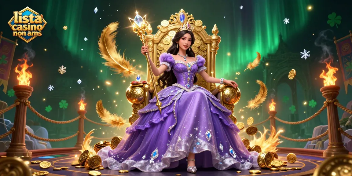 Interagisci con la scena della lista casino non aams che presenta una maestosa principessa tra elementi di casinò vibranti.