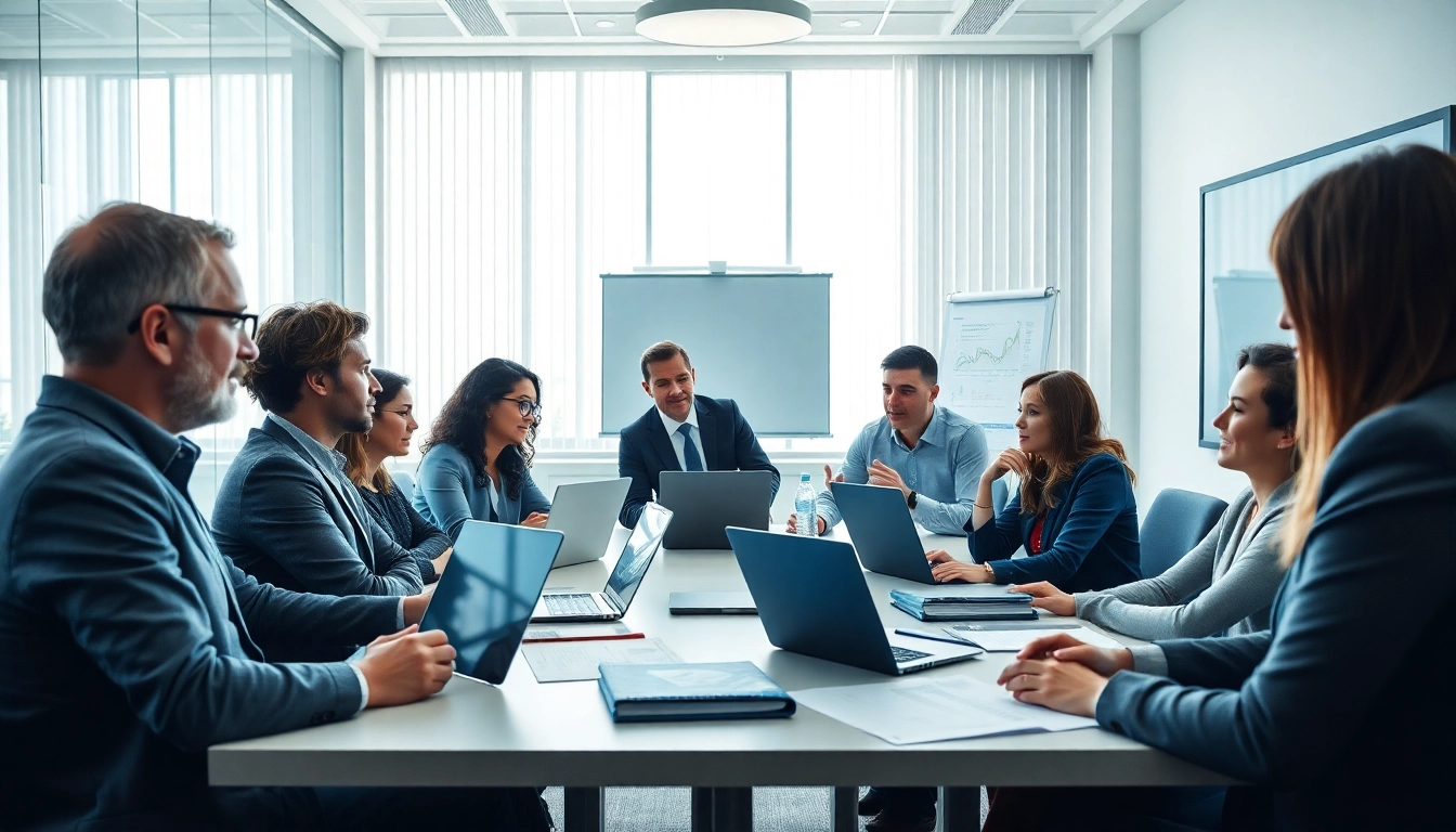 Discussing contracts and grants in a modern meeting room with diverse professionals.