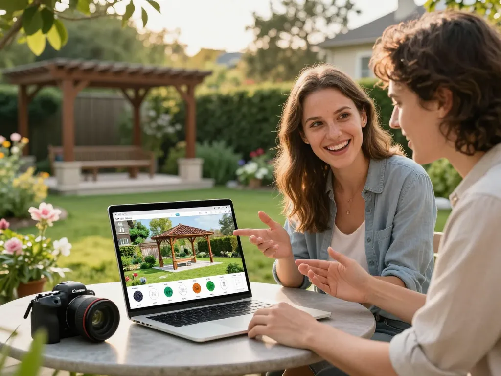Couple engaging with the All-in-One pergola Configurator in their garden, discussing 3D design options.