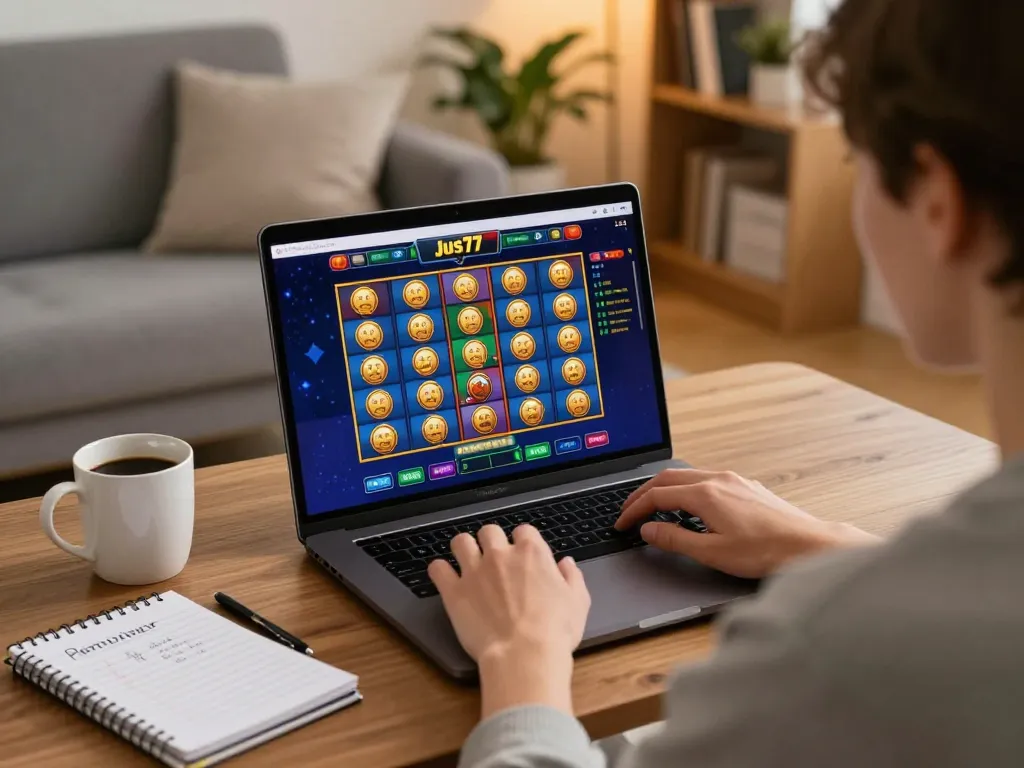 Engaging with slots on Jus77 in a cozy home setting, showcasing responsible gaming practices