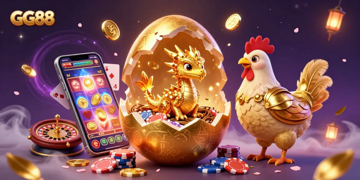 Engage with GG88's exciting 3D scene where a golden dragon emerges from a massive egg amidst vibrant casino elements.