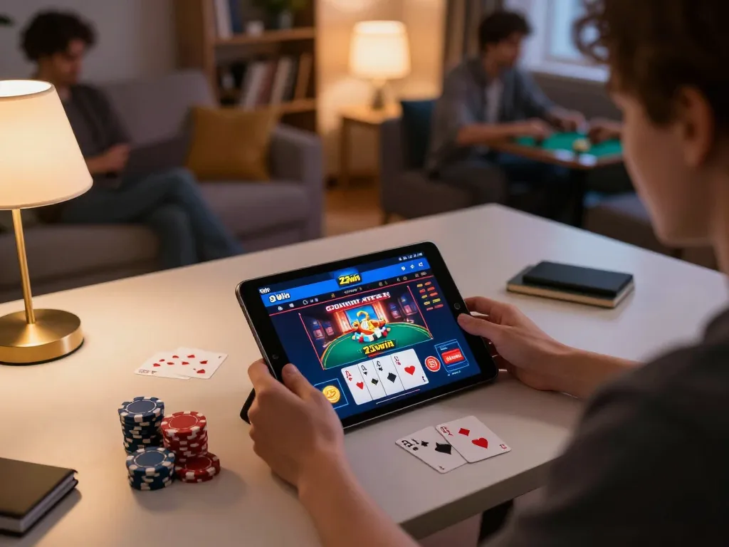 Person using the 23win app for online poker on a tablet in a cozy living room setting