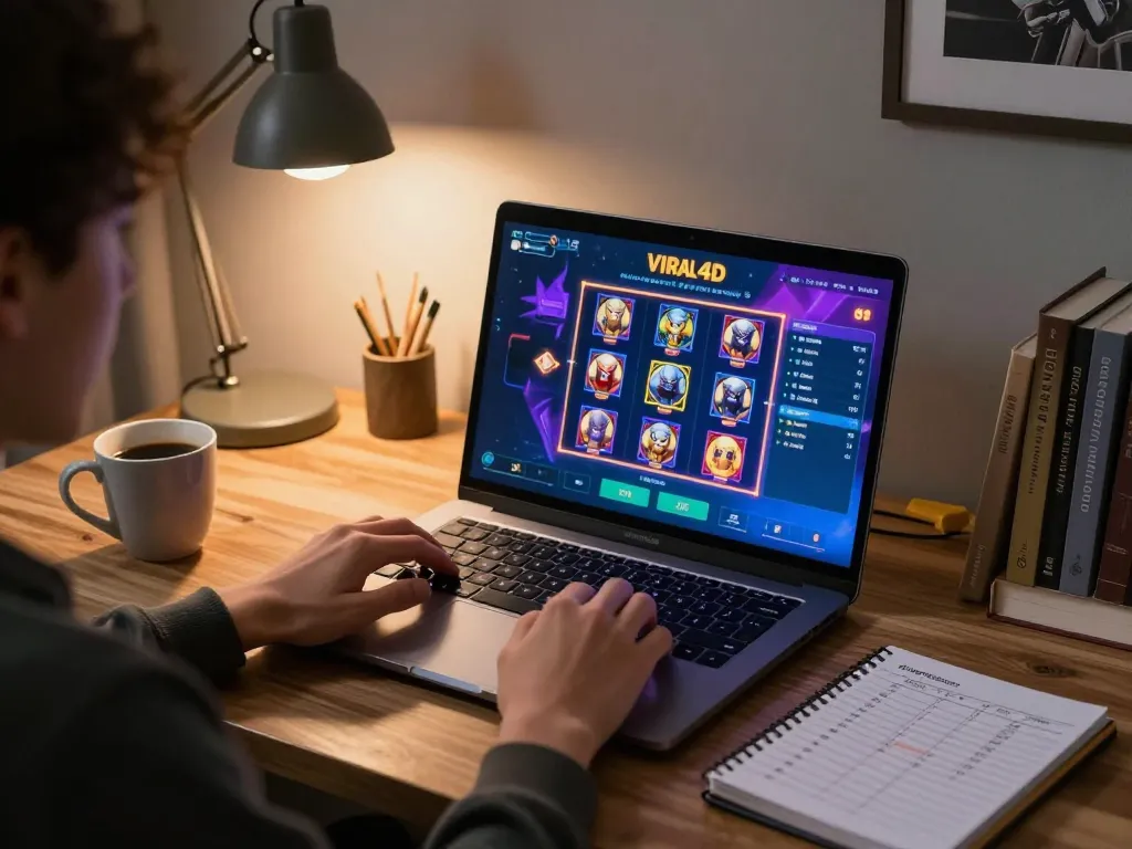 A gamer engaging with viral4d online slots in a cozy home workspace with strategic notes