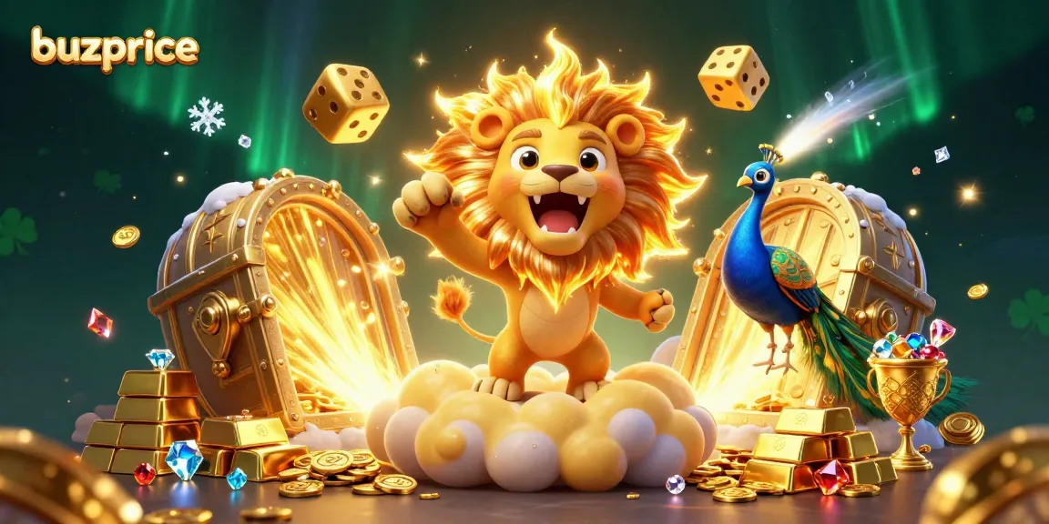 Experience the thrill of buzprice with a roaring sun lion amidst a treasure-filled casino scene.