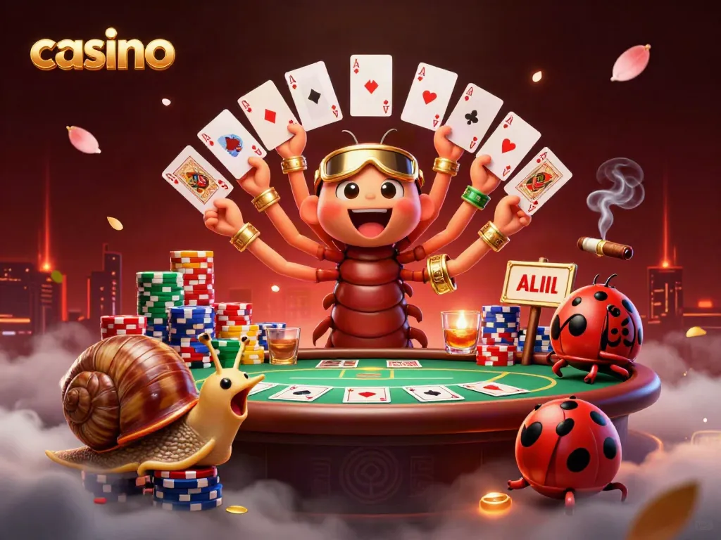 Experience casino excitement as a millipede dealer showcases cards while a snail high-roller pushes chips.