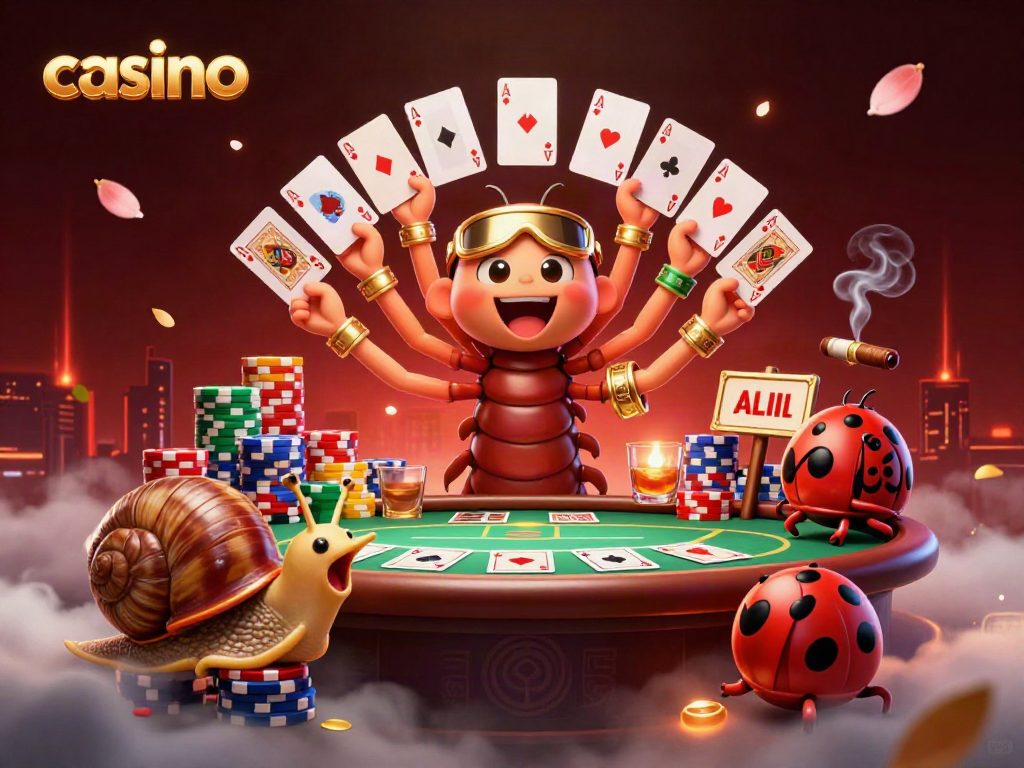 Experience casino excitement as a millipede dealer showcases cards while a snail high-roller pushes chips.