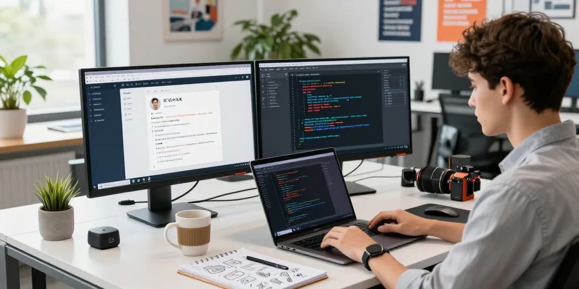 The developer coding the 纸飞机中文版 app in a modern office, surrounded by tech gadgets and bright natural light.