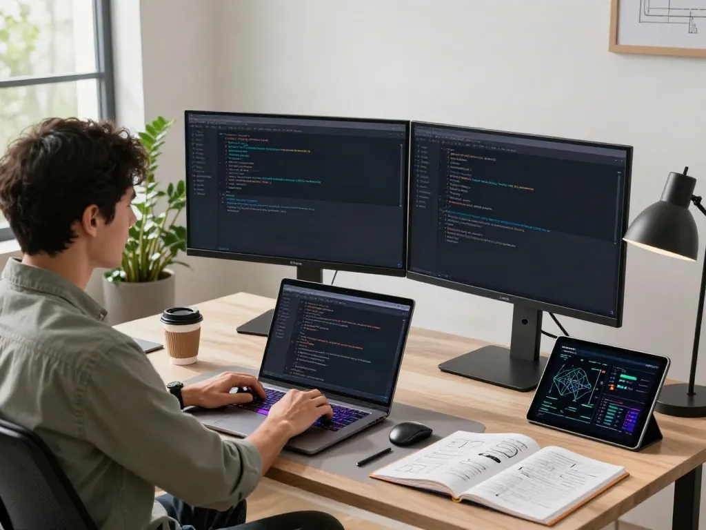 A software engineer coding v2rayN in a modern home office.