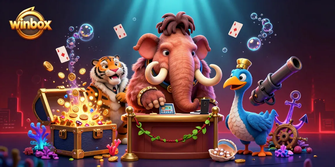 Experience the vibrant Winbox gaming scene with a cartoon mammoth bouncer, VIP saber-tooth tiger, and treasure elements.