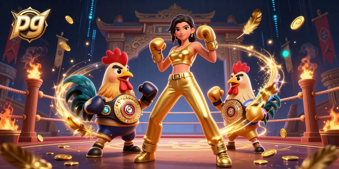 Bet on pg with stunning visuals of a boxing champion and rooster in a dynamic casino arena.