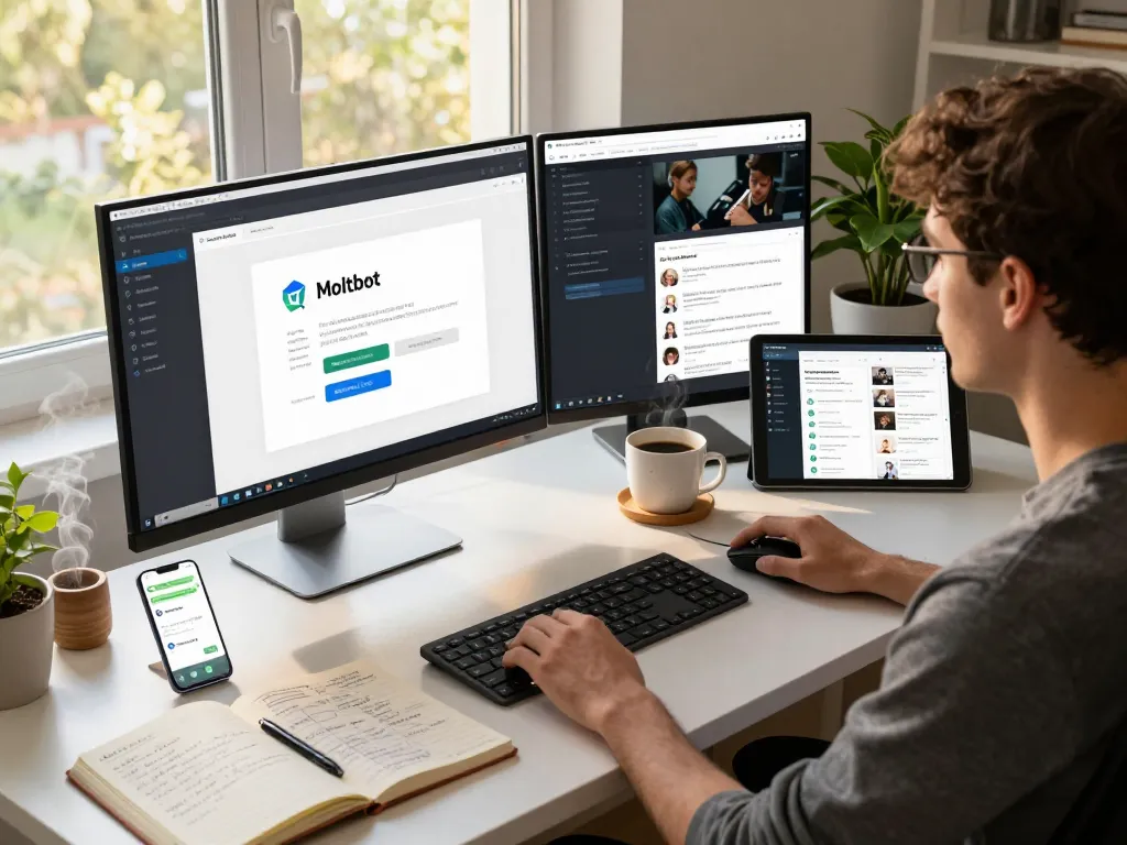Developer using Moltbot AI on dual monitors in a bright home office.