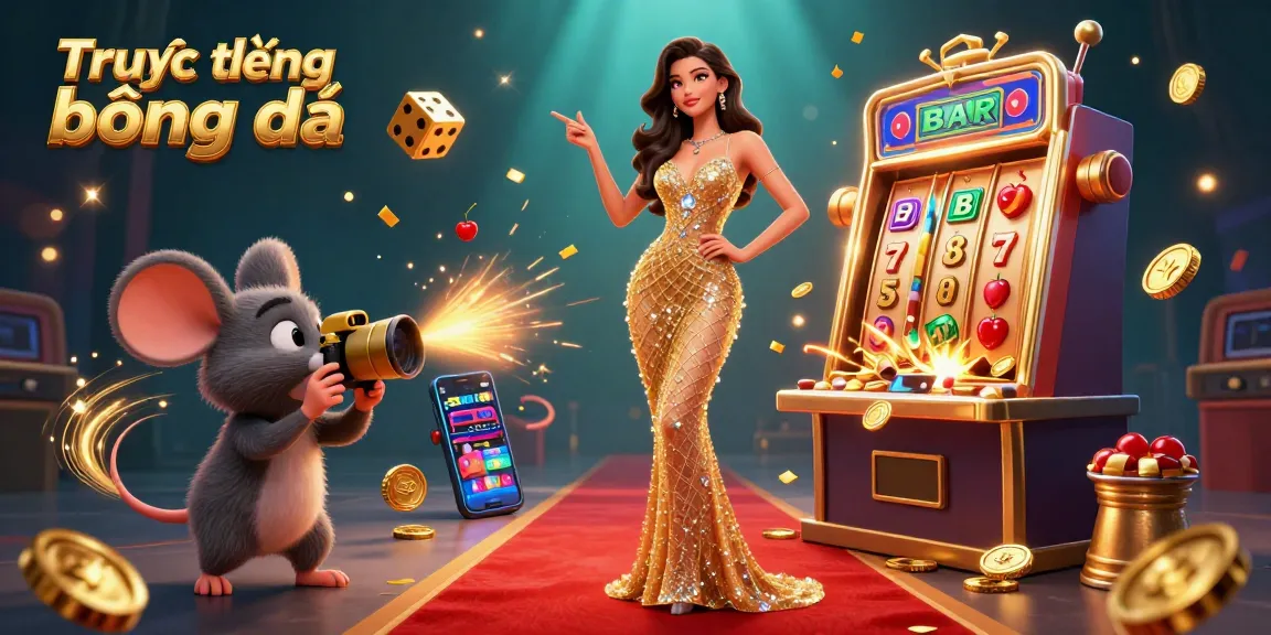 Bet on Trực tiếp bóng đá with a vibrant scene showcasing a dazzling woman and a paparazzi mouse celebrating casino wins amid stunning visuals.