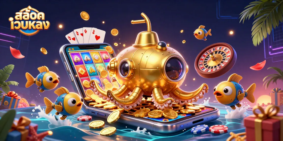 Engage with สล็อตเว็บตรง slots showcasing a golden kraken submarine amid spinning reels and poker chips.