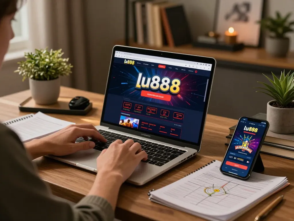 Engaging with the lu888 casino app during a cozy home gaming session, showcasing strategic play.