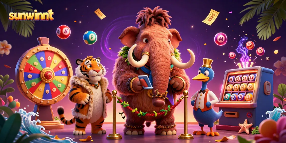 Experience the thrill of gaming at sunwinnt with vibrant lottery elements and unique characters in a lively casino scene.