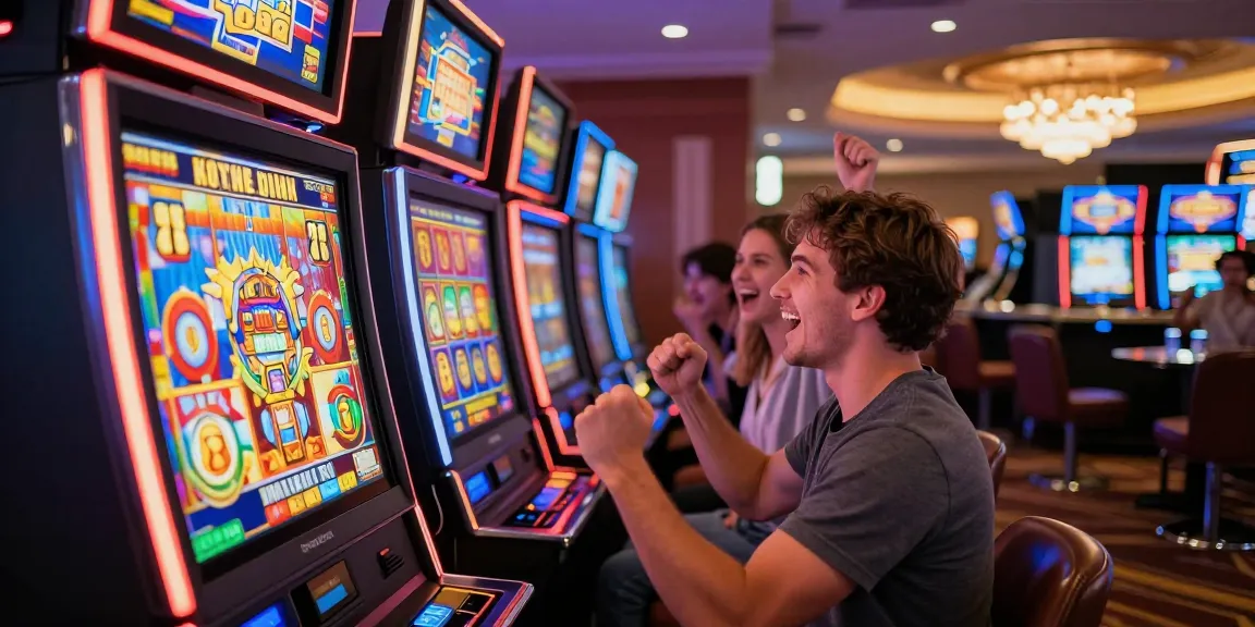 Player celebrating a big win at a slot depo 5000 casino, surrounded by vibrant lights and cheering friends.