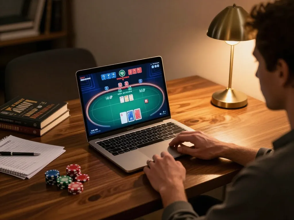 Engaged player using Jun 88 for online poker strategy development in a stylish setup.