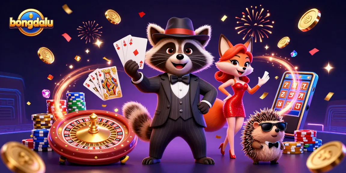 Bongdalu showcases a suave raccoon with a royal flush, celebrating casino vibes with a glamorous fox and a hedgehog bouncer.