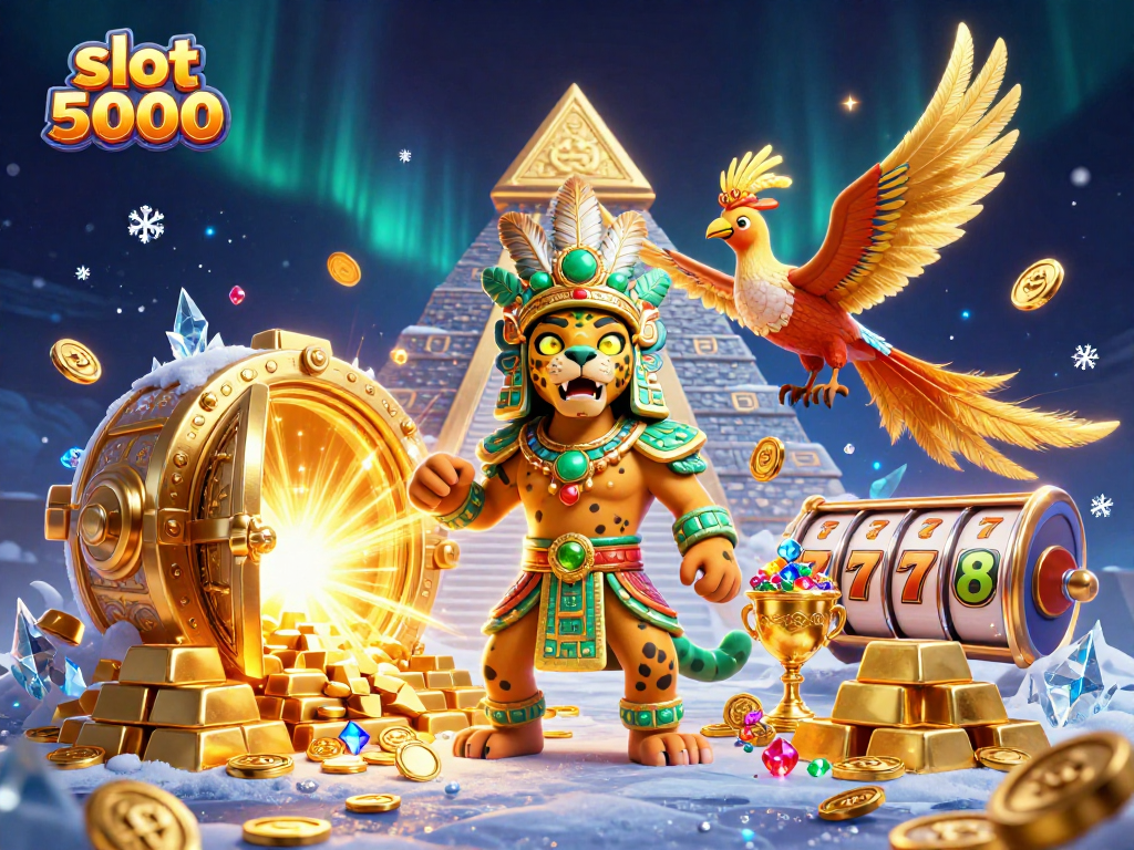 Engage in thrilling gameplay with slot 5000, surrounded by Mayan treasures and vibrant casino elements.