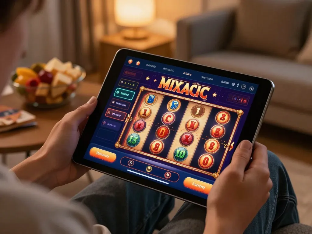 Player enjoying the RR88 casino app on a tablet during a cozy home gaming session.