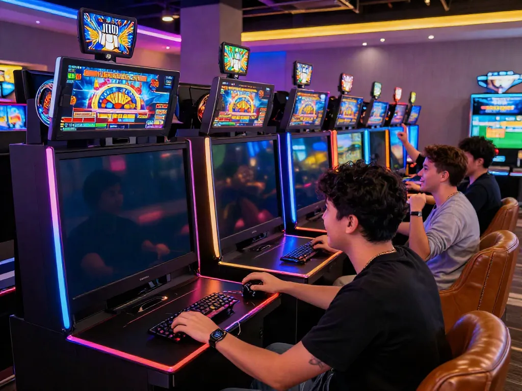 Pengguna terlibat dalam mesin game JPTOTO dengan peluang jackpot menarik di ruang permainan modern.