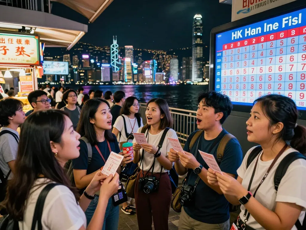 Excited players watching HK Hari Ini live lottery results in vibrant Hong Kong nightlife.
