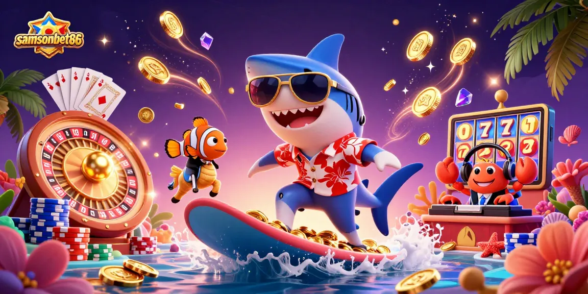 Experience winnings with samsonbet86 in a vibrant 3D casino scene featuring dynamic characters and elements.