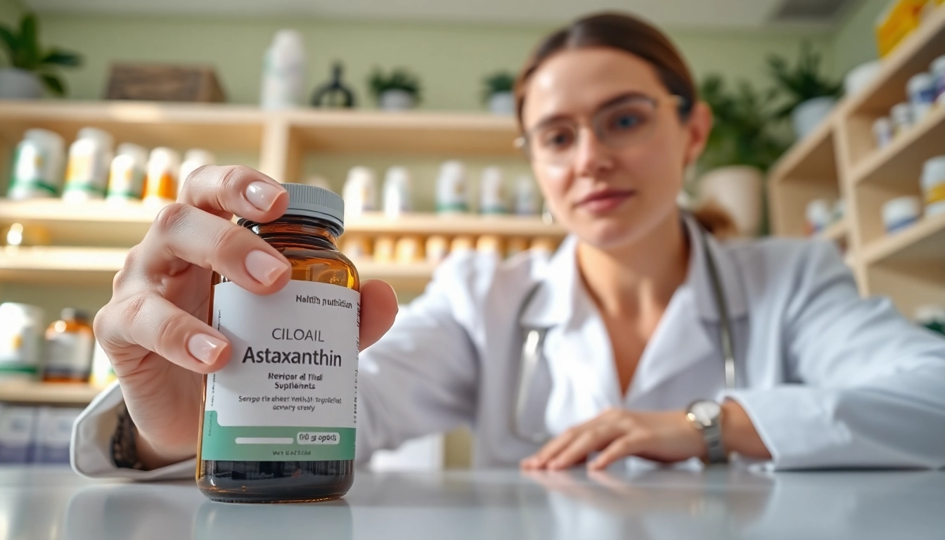 Nutritionist examining the clinical dosage of astaxanthin on a supplement label.