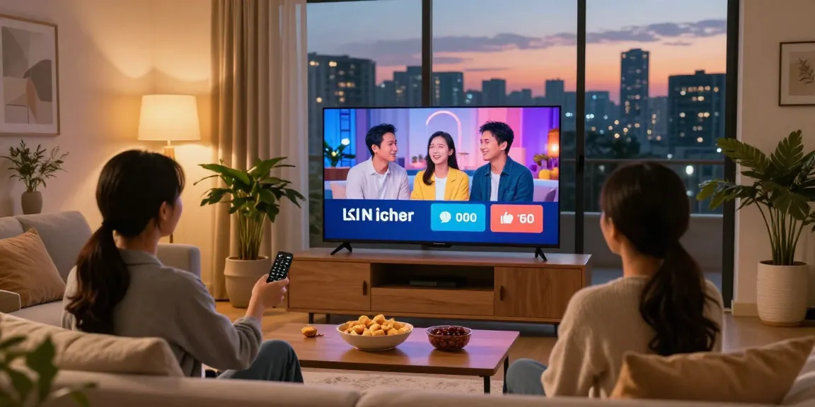 Couple enjoying IPTV services for live TV in a stylish living room ambiance.