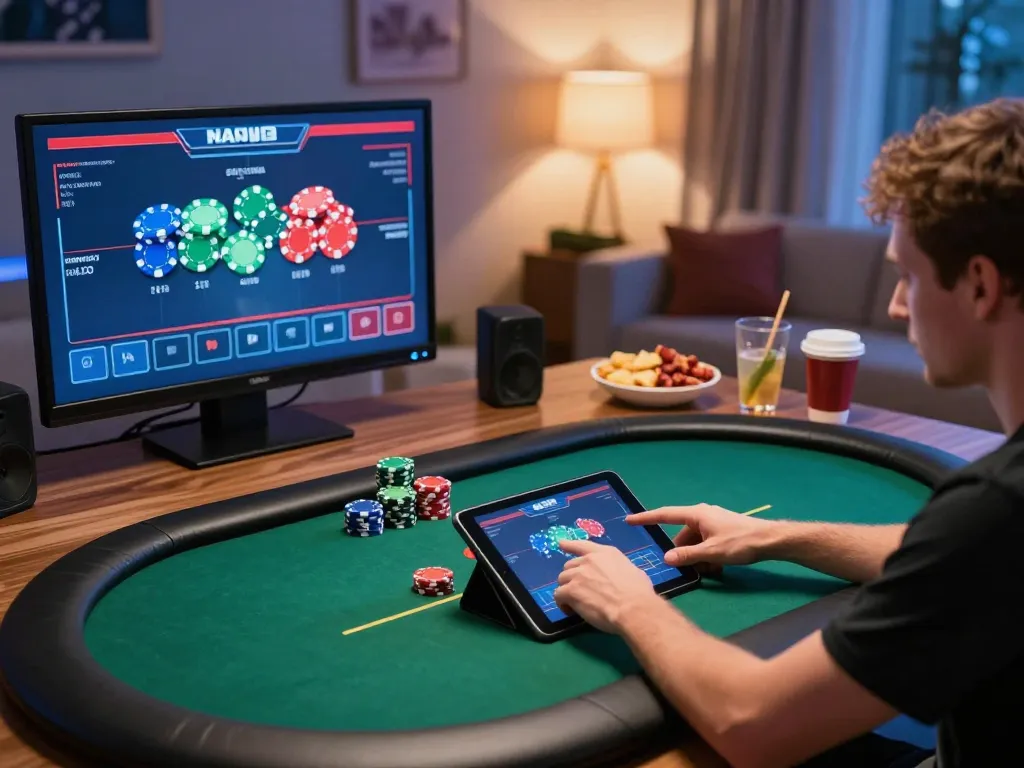 Player enjoying online poker experience with rr88 on a tablet in a cozy home setup