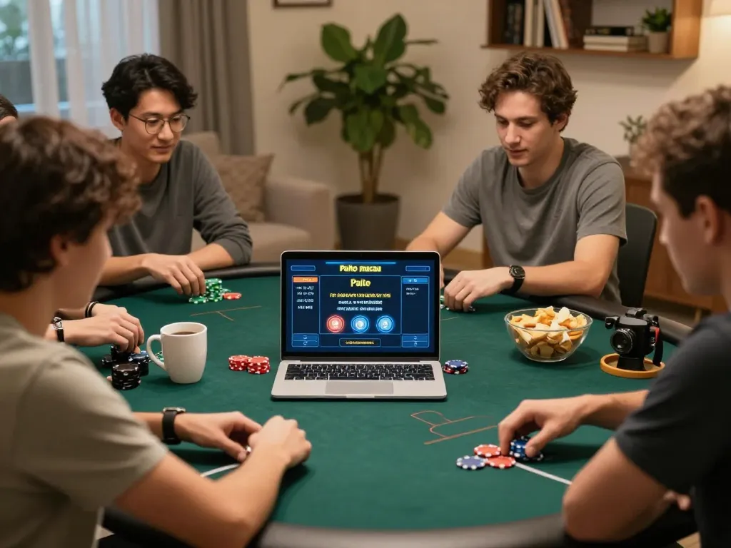 Paito macau displayed on a gaming laptop during an engaging home poker night, highlighting strategic plays.
