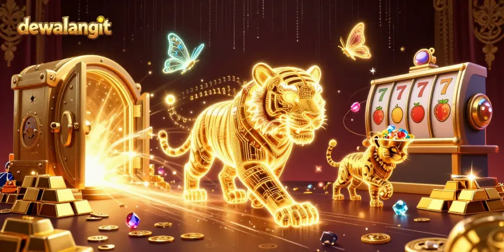 Menggandakan peluang menang di dewalangit dengan ilustrasi kasino digital yang penuh warna dan energik.