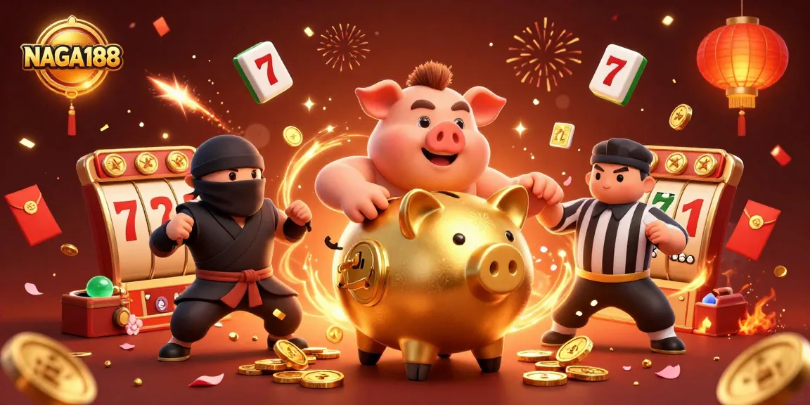 NAGA188 menampilkan pertempuran antara pegulat bank piggy emas dan ninja dompet dalam suasana kasino dengan banyak simbol keberuntungan.