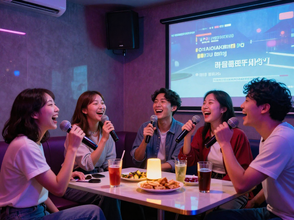 유앤미 가라오케에서 친구들이 함께 노래를 부르며 즐거운 시간을 보내는 모습