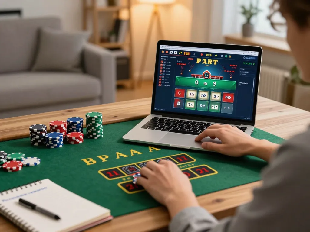 Engaged player at home using DH88 for live dealer casino gaming, surrounded by strategy notes.