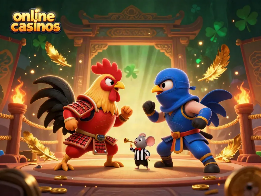 Experience thrilling battles with fighting roosters in an illustrative online casinos scene.