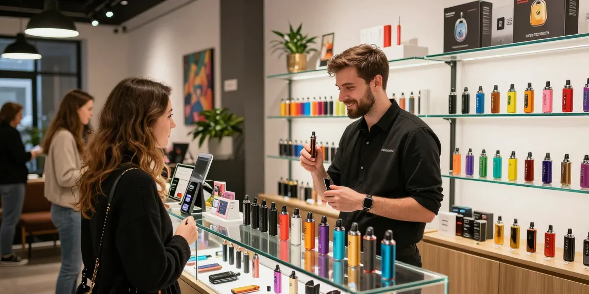 Vape shop showcasing a variety of 電子菸主機 along with colorful e-liquids, creating a vibrant and inviting atmosphere for customers.