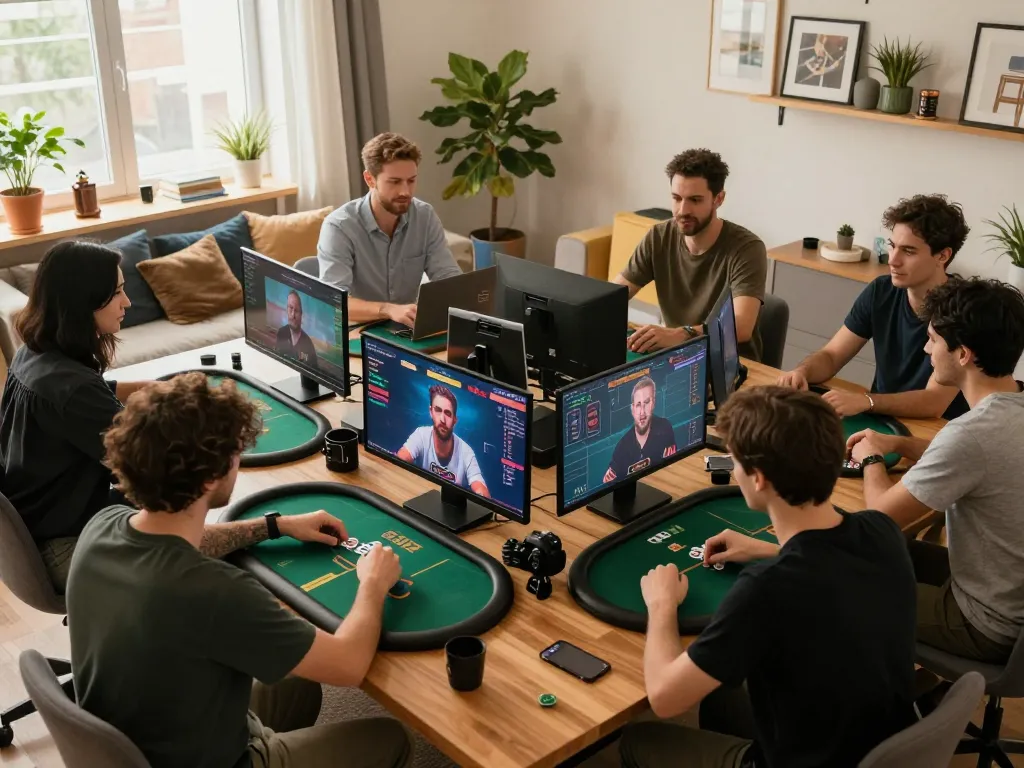 Players at home engaged in online poker on link 98win, showcasing competitive gameplay and modern tech.