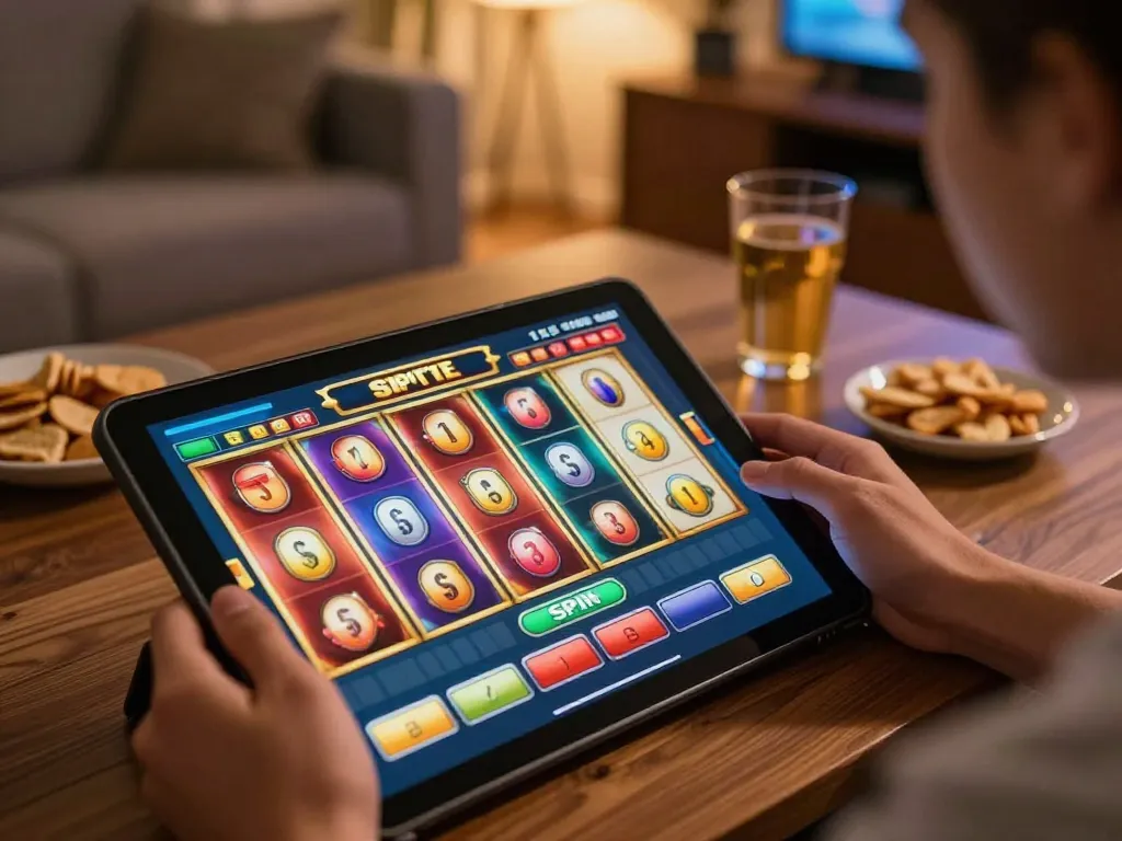 Playing an engaging slot game on a tablet in a cozy living room.