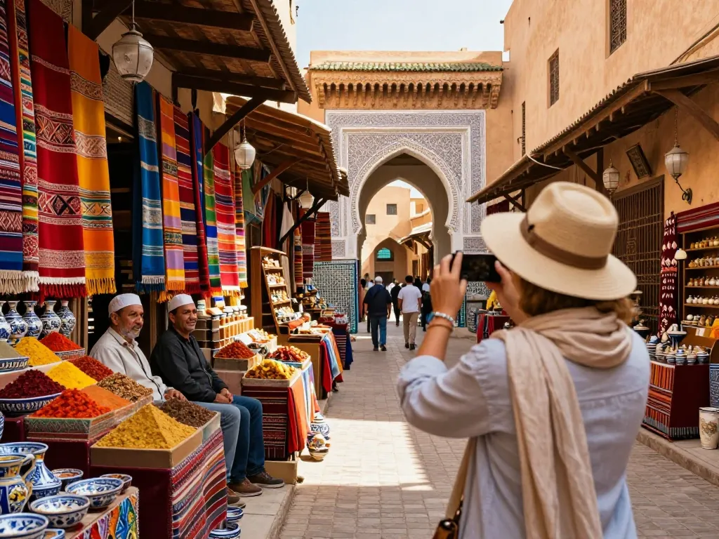 Immersive experience with a traveler at a Morocco travel agency exploring vibrant Marrakech souks.