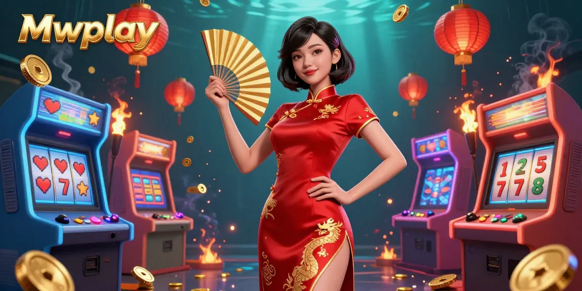 Play exciting games at Mwplay with a vibrant illustration of Asian culture and casino elements.