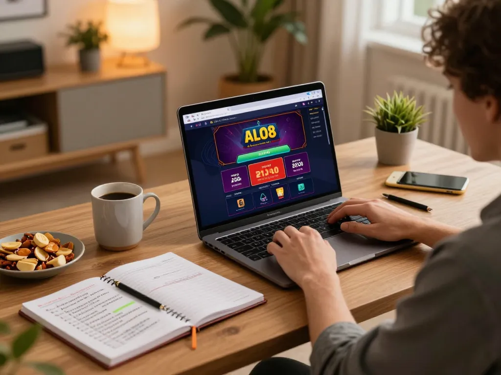 Engaging in ALO8 online gambling with laptop displaying game interface at stylish home office