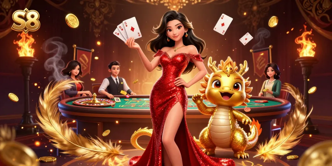 Engage with S8's exciting live casino action featuring a stunning Asian woman and a golden dragon mascot.