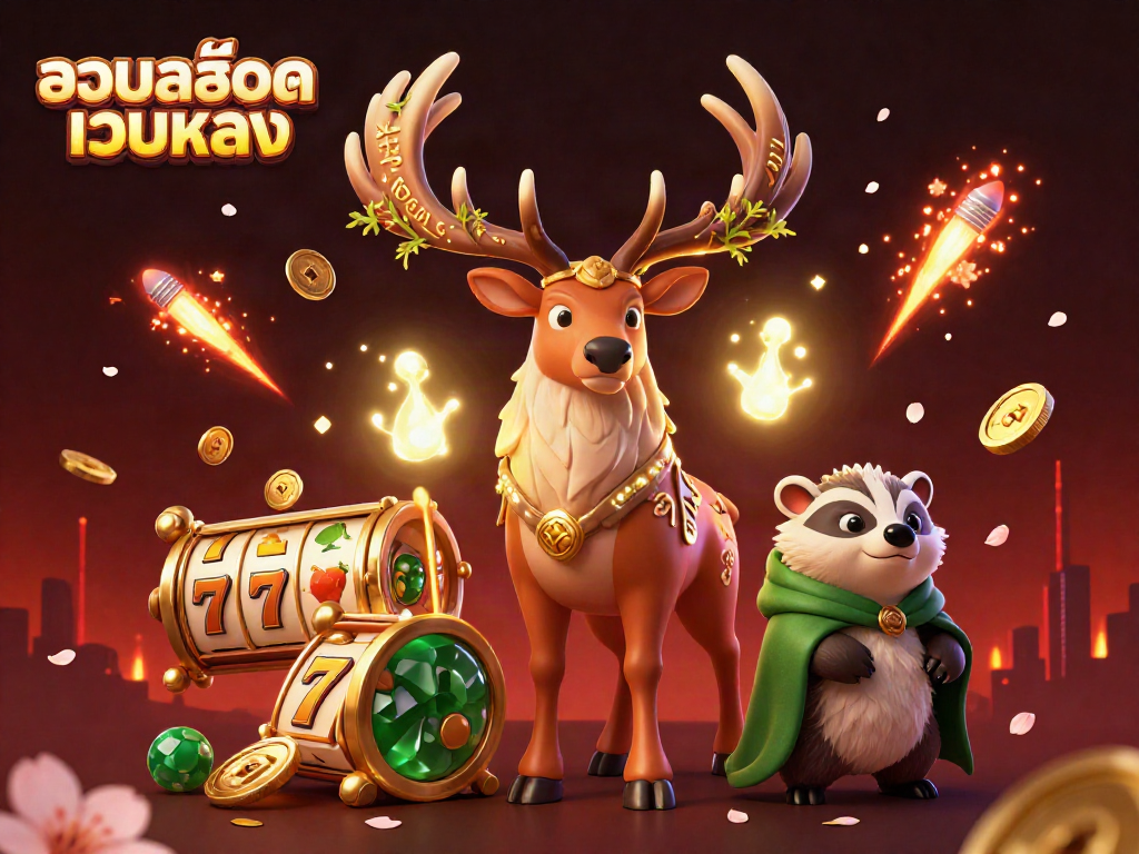 Engage in thrilling action with รวมสล็อตเว็บตรง featuring vibrant 3D illustrations of a Celtic druid stag and lucky symbols.
