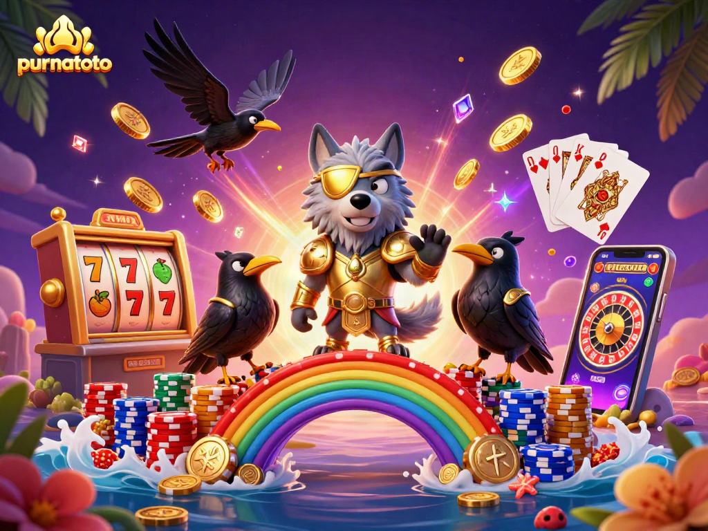 Menggandakan keseruan purnatoto dengan taruhan slot online dan simbol keberuntungan yang bersinar.