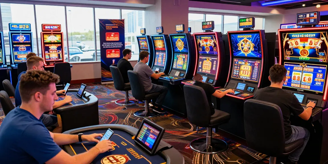 Players enjoying games at modern online casinos that accept credit card, showcasing a lively gaming atmosphere with vibrant lights and engaging activities.