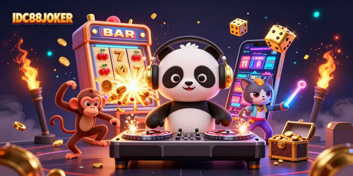 Engage with the fun at IDC88JOKER through a vibrant scene of a DJ panda and lively characters celebrating jackpots amidst colorful casino elements.